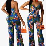 Wide Leg Casual long Jumpsuits Spaghetti Straps one piece Floral NEW size Small Blue Photo 3