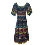 Cara Cara Mimi Flowerbox Navy Off Shoulder Smocked Midi Dress XS Blue Photo 2