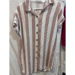 EMERY ROSE Striped Button Up Short Sleeve Shirt Dress Medium Tan White Casual Pink Photo 1