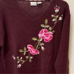 Newport News Vintage Sweater Maroon Floral Embroidered Knit V Neck Size XL Photo 2