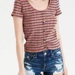 American Eagle  Ribbed Stripe Stretch Knit Scoop Neck Faux Button Down Top M Photo 0
