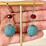 Blue lava rock and purple stone fish hook earrings Photo 3