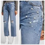 ZARA  Basic Z1975 Denim Straight Pearl Distressed Embellished Jeans 2 Photo 1