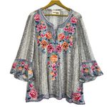 Savanna Jane Floral Embroidered Tunic Top 2X Boho Artsy Festival Flared Sleeves Black Photo 0