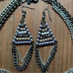 Silver Beaded Statement Bib Necklace and Earrings Gray Photo 1