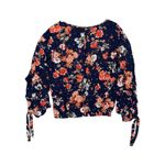 Moa Moa Women’s Floral Blouse Navy Blue Red Long Sleeve Tie Cuffs Size Medium Photo 5