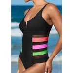 Women's One Piece Bathing Suit V Wire Color Block Mesh Waist Swimsuit Size XL Black Photo 2