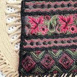 Vintage Black Satin Red Floral Top Handle Evening Bag Beaded Fringe Small Boho Photo 3