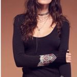 Free People Black Bandana Cuff Crochet Sleeve Scoop Neck Waffle Knit Thermal Top Photo 1