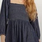 J.Crew  Smocked Dark Denim Chambray 100% Cotton Puff Sleeve Short Mini Dress S Photo 0
