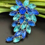 Vintage Unsigned Cobalt Blue & Teal Navette Marquis Rhinestone Leaf Brooch 20g. Photo 0