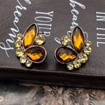 Vintage Amber Topaz Butterfly Earrings • Rhinestone Antique Copper Studs Brown Photo 4