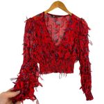 ZARA Red Floral Smocked Sheer Blouse Fringing Cropped Top Long Sleeve Size XS Photo 8