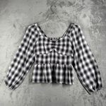 Pleione  Plaid Peplum Blouse Square Neck Long Sleeve Western‎ Black White Size M Photo 1