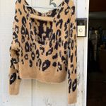 HYFVE  Tan and Black Fuzzy Off Shoulder Cropped Open Back Leopard Sweater SzSmall Photo 4