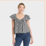 Universal Threads Universal Thread Floral Ruffle Blouse Black White Small Short‎ Sleeve Boho Top Photo 11