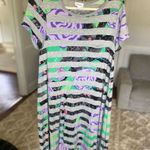 LuLaRoe  Stripe Floral Midi Dress Gray Short Sleeve Stretch Lounge Bold Boho Art Photo 1