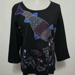 Vintage Tantrums 90s Embroidered Fish Long Sleeve Top Black XL Artsy Unique Photo 1