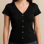 Elodie  black from button knit top corset lines short sleeves Sz L Photo 0