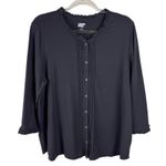 Lands' End Button Down 3/4 Sleeve Jersey Ruffle Neck Pintuck Top Sz XL Black Photo 0