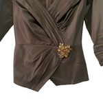 Tadashi Shoji  Womens Sz 4 Jeweled Brown Faux Wrap Taffeta Blouse Back Zip Photo 1