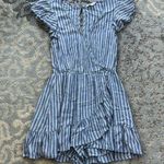American Eagle Striped Ruffle Wrap Romper Blue White Medium Photo 0