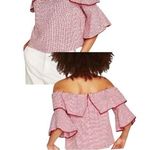 ZARA Off Shoulder Red Pin Stripe Poet Sleeve Cropped Top. Size XS Photo 0