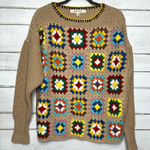 Blue Velvet Crochet Granny Square Boho Knit Sweater Size Small Multicolor Tan Photo 0