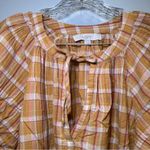 Loft  Orange-Yellow Plaid Tie Neck Puff Sleeve Top size XS Photo 2