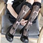 1 Pair of Lolita Pink Gothic Style Calf Socks with Charming Lace Trim, Bow Detail, and Heart Pattern Photo 0