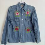 Vintage Natex Folkloric Mexican‎ Embroidered Denim Shirt Eyes Birds Mushrooms S Blue Photo 0