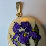 Floral Iris‎ Pendant Necklace, Hand Painted Stone Pendant, Gold Tone Bail Purple Photo 2