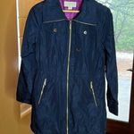 Michael Kors Trench Coat Navy Blue with Purple Lining & Gold Hardware Size Small Photo 0