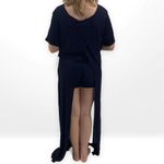 Sage The Label  Open Back Black Boatneck Ribbed Knit Short Sleeve Maxi Slit Dress Photo 6