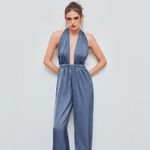 Cider  Deep V Tie back Elegant Blue Jumpsuit Photo 5