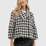 NWT NVLT Women's Cape Jacket with Lantern Sleeves Plaid Houndstooth Black White Size L Photo 6