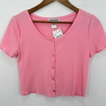 Cotton Emporium Bright Bubblegum Pink Ribbed Button Front Crop Top Size S NWT Photo 0