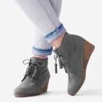 Dr Scholls Women Dakota Wedge Bootie Boots Gray Suede Size 8W Tassel Tie Photo 0