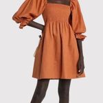 Kourt Portia Dress Orange Flax Smocked Mini Puff Sleeve A Line Babydoll Large Photo 0