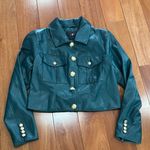 7 For All Mankind  Womens Faux Leather Gold Button Up Crop Jacket Green Size L Photo 0