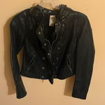 Free People  We The Free Black Hooded Faux Leather Jacket Photo 0