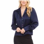Karen Kane Shirred Blouse Navy Solid Collared Long Sleeve Button Front XL Photo 6