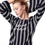 EXPRESS Soft Gauzy Navy/White Pullover Sweater with Long Bell Sleeves Photo 0