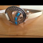 Beige genuine leather belt with silver based metal buckle w/tiffany blue stones Photo 4