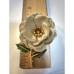 Trifari Vintage Crown White Enamel Rose Flower Stem Gold Tone Pin Brooch Photo 4