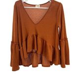 Peach Love California  high low bell sleeve waffle knit ruffle flare rust S flowy Photo 0