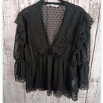 ZARA  Black Swiss Dot Ruffled Scalopped bottom Sheer Blouse Women's Small Photo 0