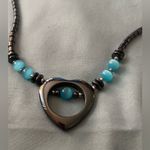 16” Hematite Necklace Heart Pendant 1.25” H With Aqua Blue Cat’s Eye Beads Photo 0