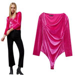 ZARA Pink Velvet Bodysuit Asymmetric Neck Long Sleeve Magenta Pink Size S Photo 1