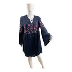 Embroidered Floral Navy Blue Bohemian Bell Sleeve Dress‎ Tunic Style Crown & Ivy Size L Photo 3